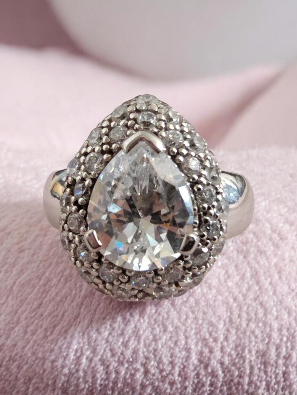 UTC Ultimate Trading Co 925 Sterling Silver Pear Cut CZ Double Halo Ring Sz 6